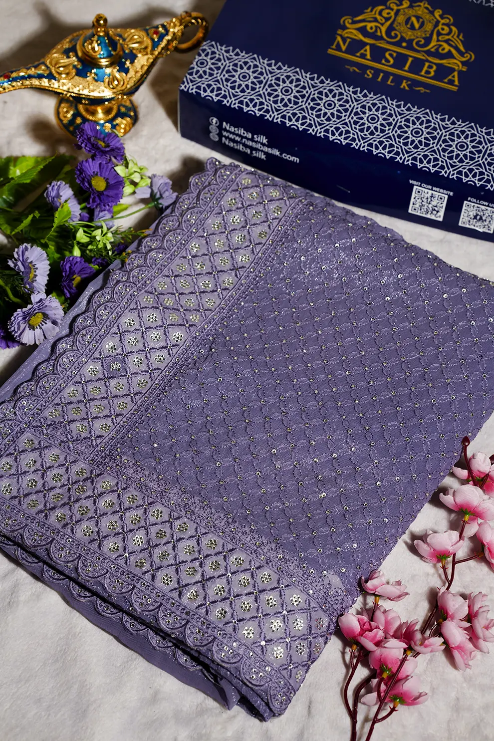 Lavender Silver Diamond Soft Chiffon Georgette Saree